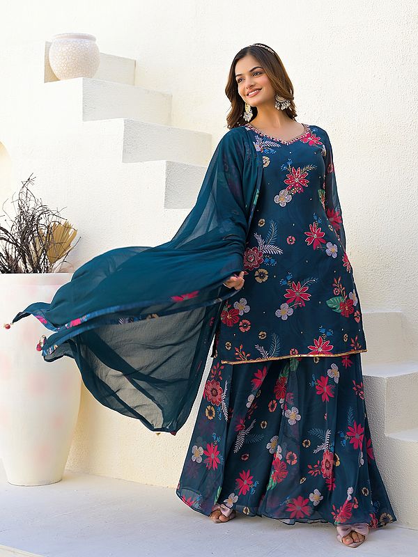 Floral Digital Print And Sequins Work Georgette Attractive Kurti Sharara Set With Chiffon Dupatta