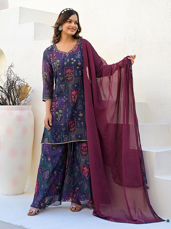 Elegant Sequins And Digital Print Work Georgette Festive Wear Kurti Sharara Set With Chiffon Dupatta