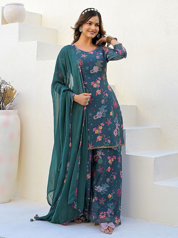 Attractive Sequins And Floral Digital Print Georgette Festive Wear Kurti Sharara Set With Dupatta