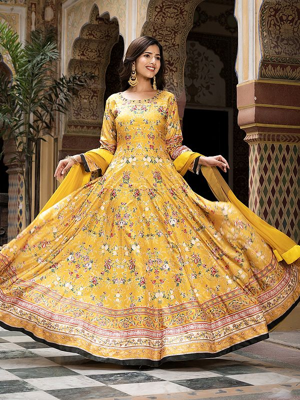 All Over Floral Digital Print Work Attractive Festive Wear Long Dola Silk Gown With Matching Dupatta