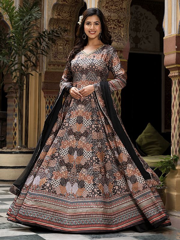 Long Flared Attractive Digital Print Work Dola Silk Festive Wear Gown With Naznin Dupatta