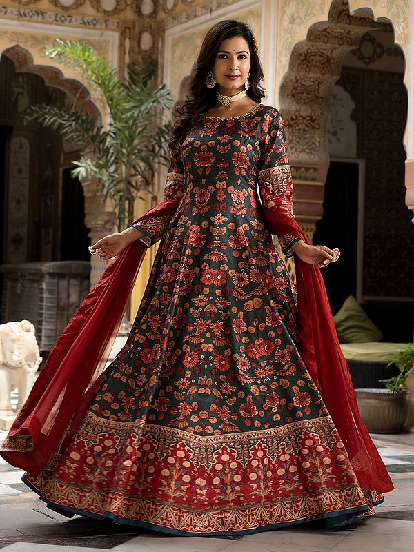 Dola Silk Flared Stunning Floral Digital Print Long Gown With Attractive Nazneen Dupatta