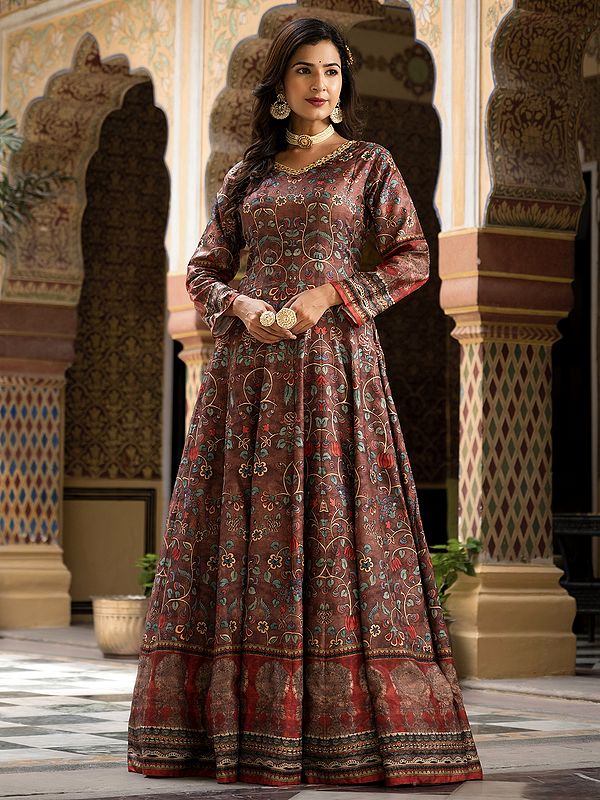 Elegant Floral Digital Print Flared Dola Silk Festive Wear Long Gown With Matching Nazneen Dupatta