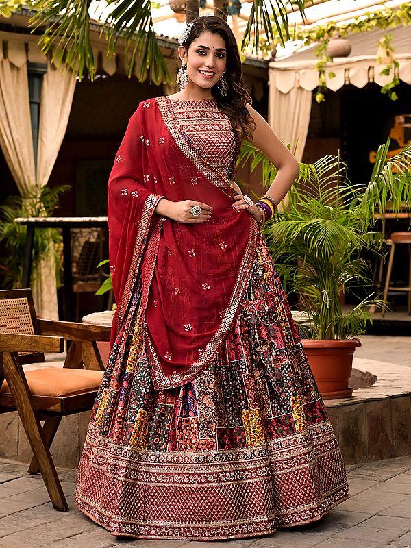 Elegant Digital Print With Embroidery Work Wedding Wear Satin Lehenga Choli With Georgette Dupatta