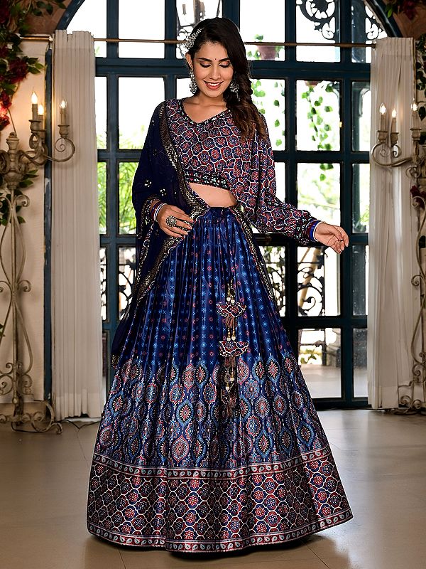 Stunning Digital Print Festive Wear Satin Lehenga Choli With Sequins Work Georgette Dupatta