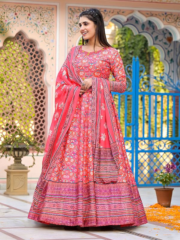 Dola Silk Floral Digital Print Elegant Flared Casual Wear Anarkali Gown With Soft Chinon Dupatta