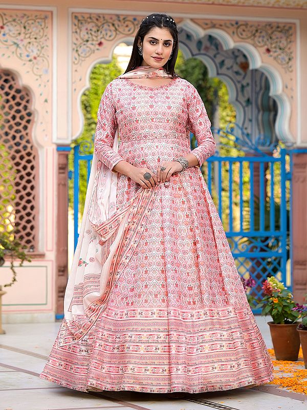 Floral Digital Printed Stunning Dola Silk Festive Wear Anarkali Gown With Matching Soft Chinon Dupatta