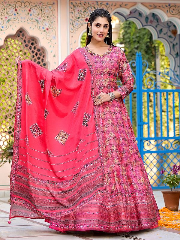 Digital Print Flared And Printed Attractive Dola Silk Wedding Wear Anarkali Gown With Tassels Dupatta