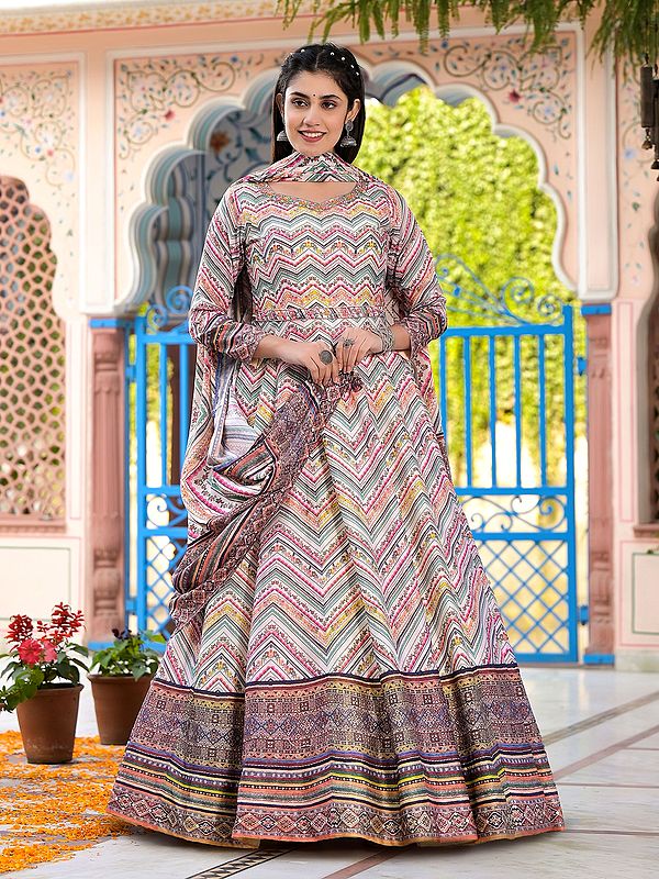 All Over Zig-Zag Pattern Printed Elegant Dola Silk Wedding Wear Anarkali Gown With Soft Chinon Dupatta