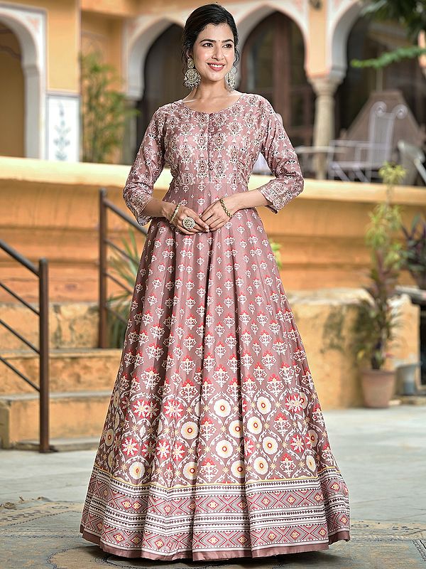 Soft Dola Silk Flared And Digital Print Elegant Festive Wear Anarkali Gown With Chinon Dupatta