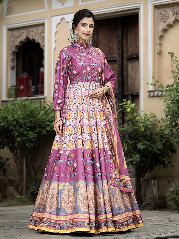 Attractive Digital Print Flared High Neck Festive Wear Soft Dola Silk Gown With Chinon Dupatta