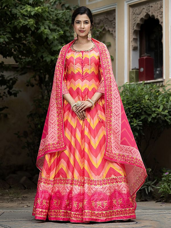 Zig-Zag Pattern Digital Print Flared Elegant Wedding Wear Soft Dola Silk Anarkali Gown With Dupatta