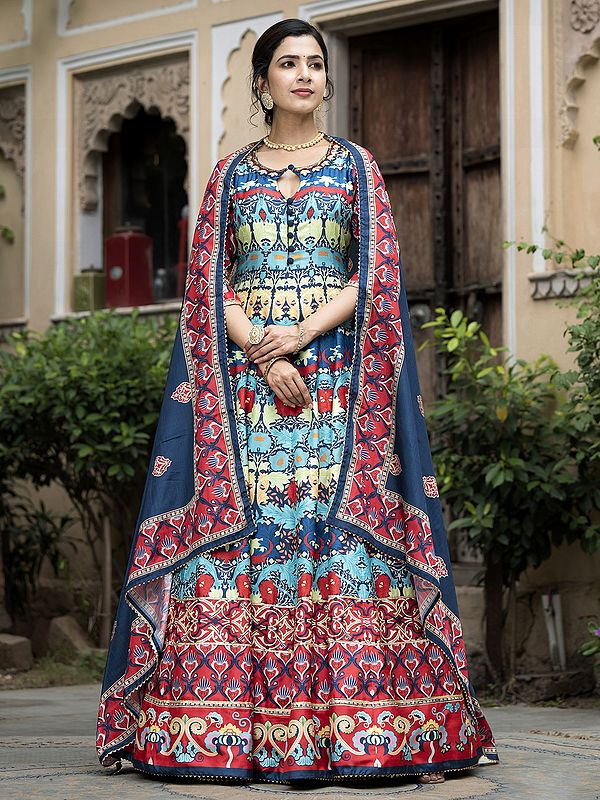 Stunning Digital Print And Flared Soft Dola Silk Wedding Wear Anarkali Gown With Chinon Dupatta