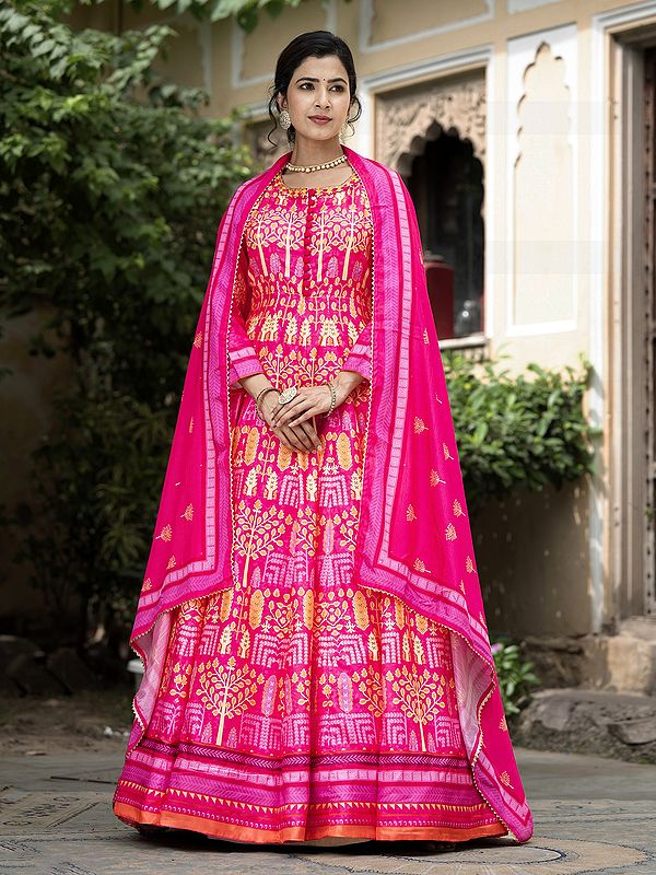 Elegant Contrast Digital Print Soft Dola Silk Festive Wear Anarkali Gown With Chinon Dupatta