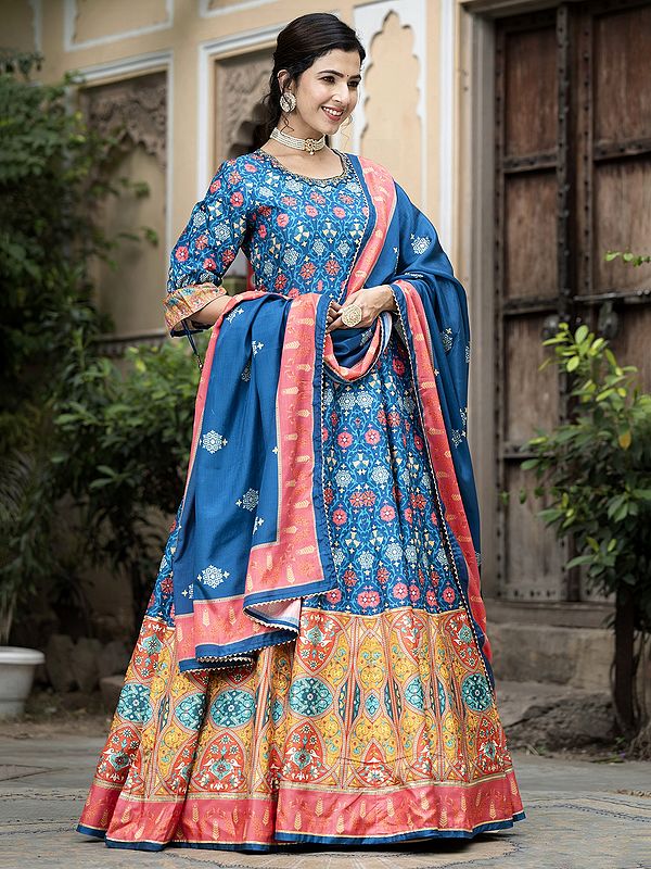 Ethnic Motifs Digital Print Flared Soft Dola Silk Wedding Wear Anarkali Gown With Chinon Dupatta