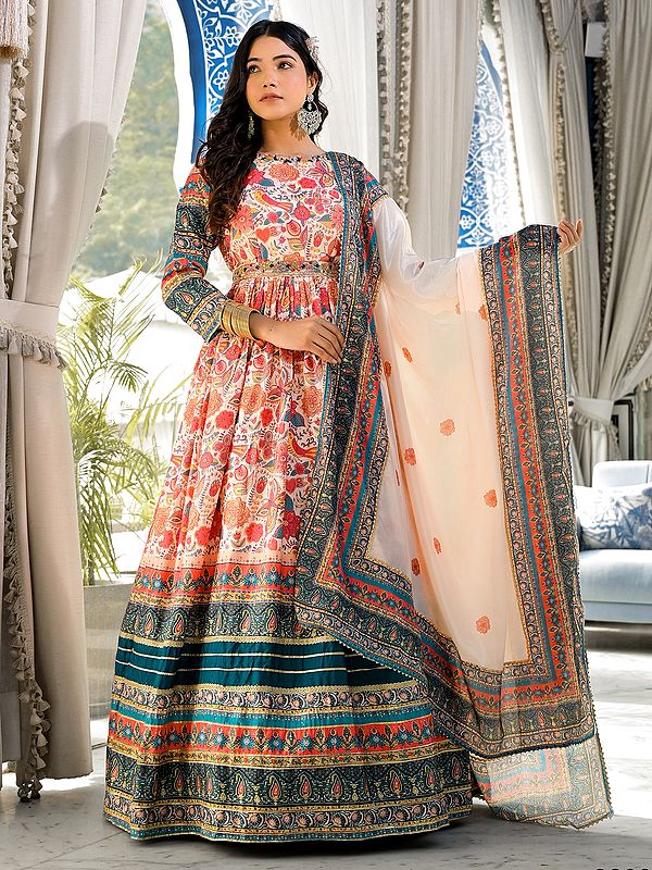 Soft Dola Silk Ethnic Motifs Digital Printed Attractive Festive Wear Anarkali Gown With Chinon Dupatta