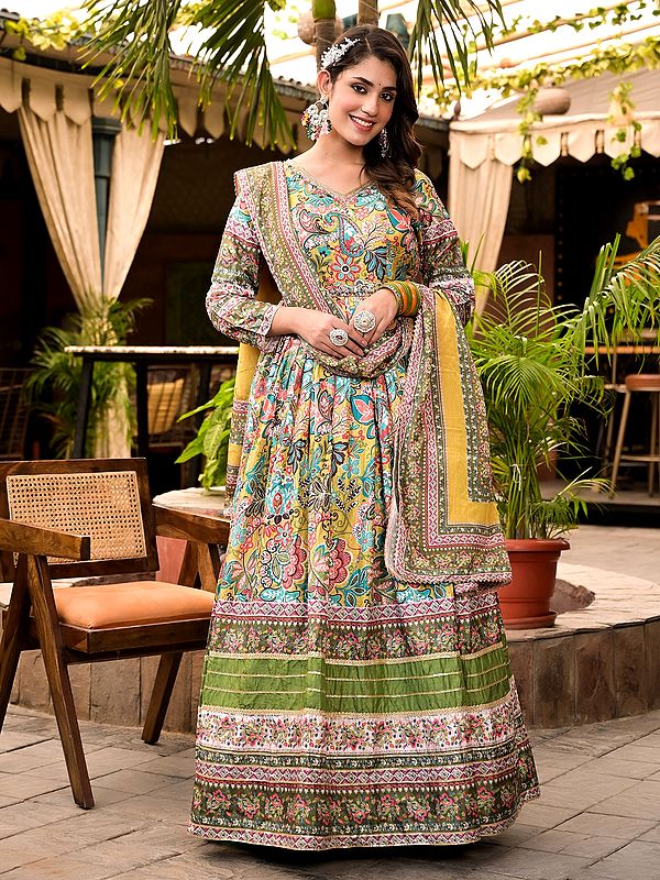 Floral Digital Print And Flared Attractive Festive Wear Soft Dola Silk Anarkali Gown With Matching Dupatta