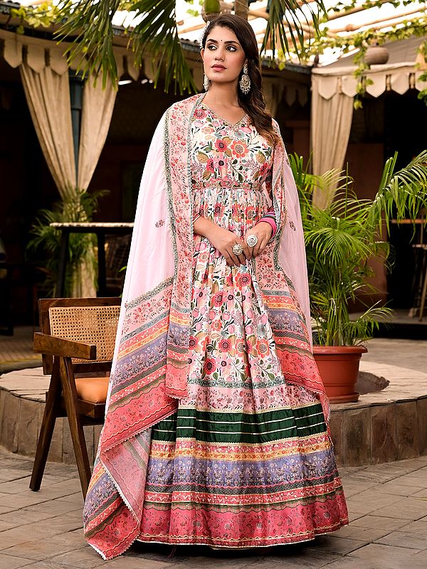 Elegant All Over Floral Digital Print And Flared Festive Wear Soft Dola Silk Anarkali Gown With Chinon Dupatta