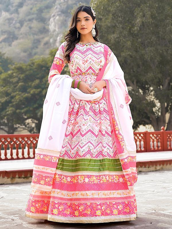 Stunning Zig-Zag Pattern Flared Soft Dola Silk Wedding Wear Anarkali Gown With Matching Chinon Dupatta