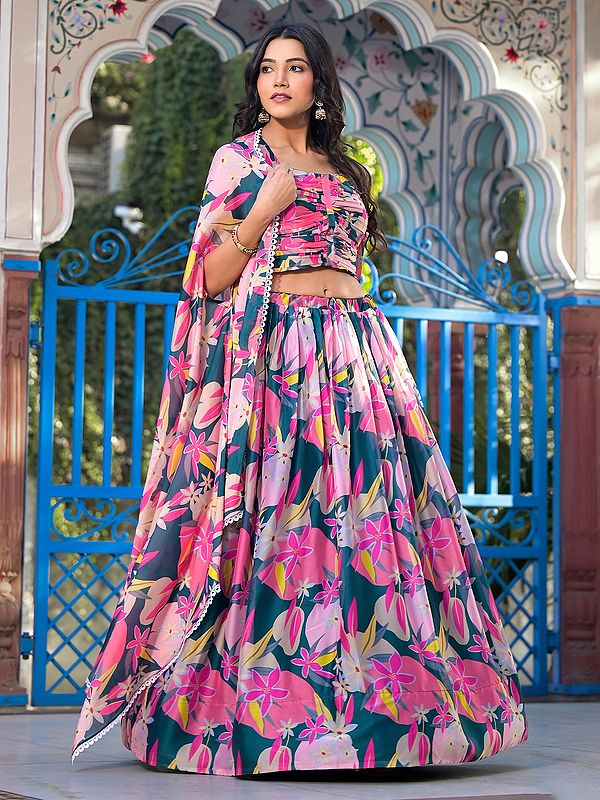 Floral Digital Print All Over Georgette Party Wear Lehenga Choli With Matching Shrug