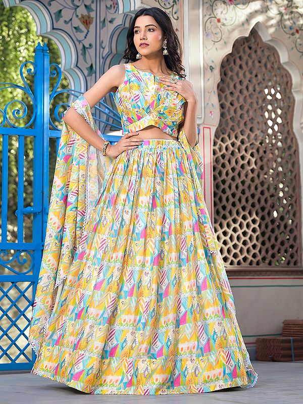 Abstract Digital Print Attractive Georgette Party Wear Lehenga Choli With Matching Shrug