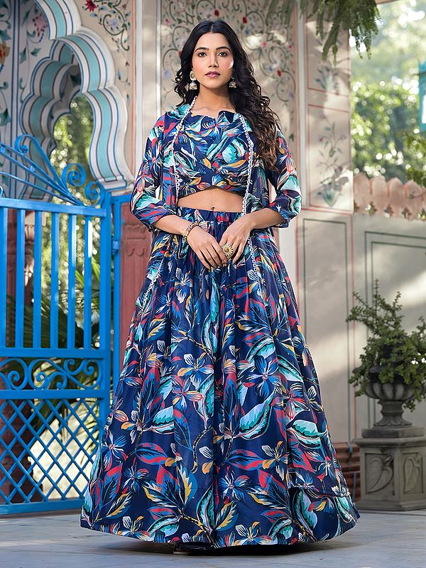 All Over Floral Digital Print Georgette Party Wear Lehenga Choli With Matching Shrug