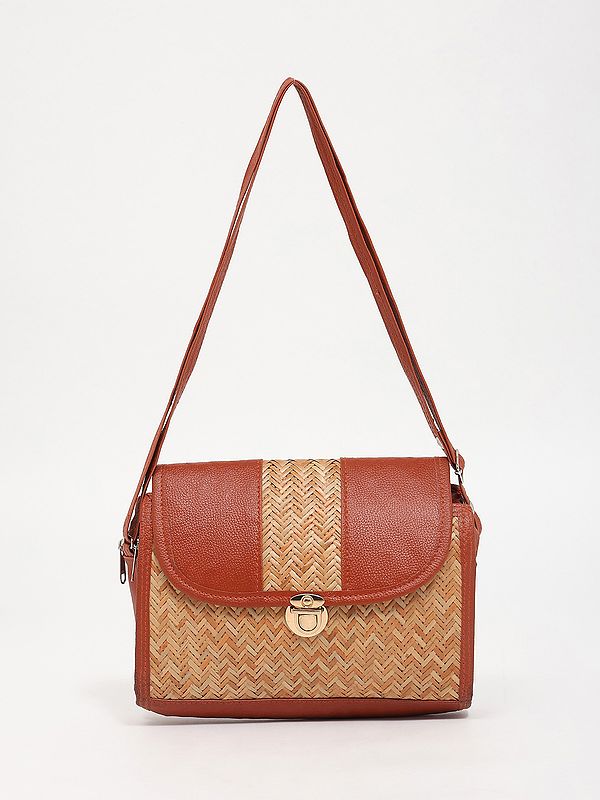Burnt-Brick Bamboo Stripe Shoulder Bag with Dual Zip