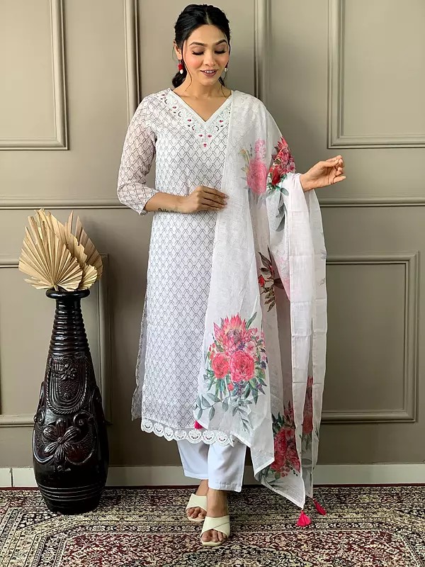 Linen Cotton Embroidery Work And V-Neck Salwar Suit With Floral Dupatta For Festival Occasion