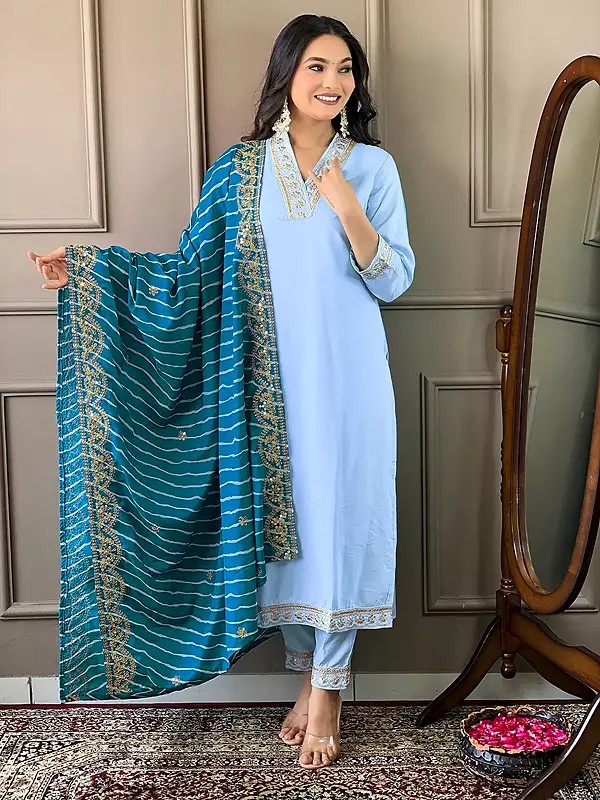Viscose Silk Blend Embroidery And Sequins Work V-Neck Attractive Salwar Suit With Striped Dupatta