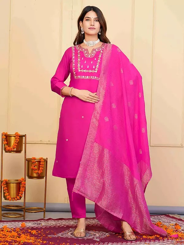 Viscose Chanderi Elegant Embroidery Work Festive Wear Salwar Suit With Matching Jacquard Dupatta