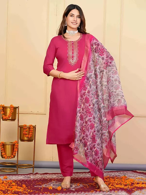 Viscose Chanderi Stunning Sequins Embroidery Work And Round Neck Salwar Suit With Dupatta