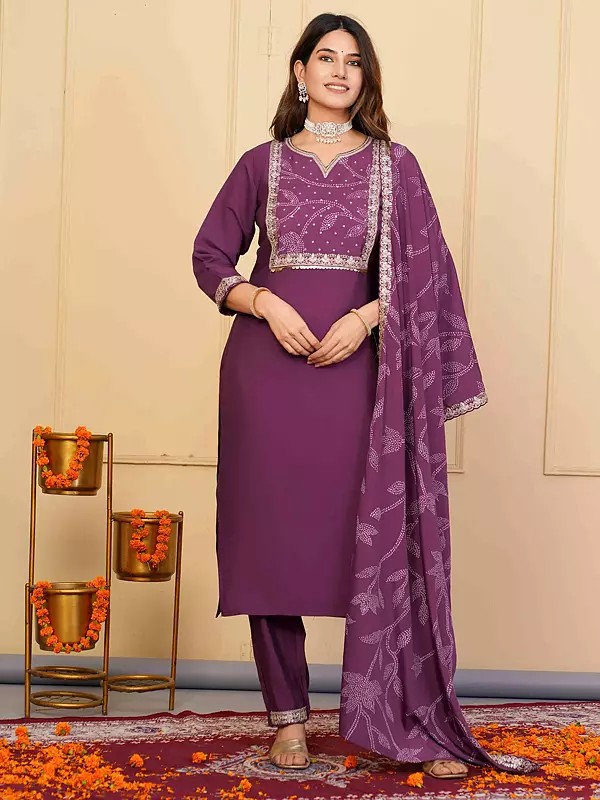 Bandhani Print And Embroidery Work Elegant Viscose Chanderi Salwar Suit With Dupatta