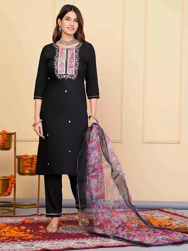 Rayon Slub Elegant Black Embroidered Kurta Set With Floral Printed Dupatta For Festive Occasion