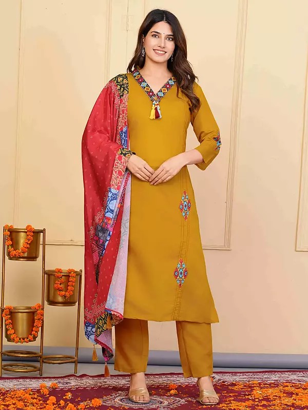 Stunning Viscose Chanderi V-Neck Kurta Set With Attractive Printed Tassels Dupatta