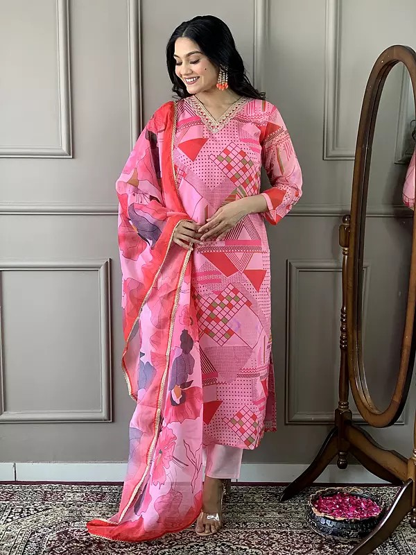 Viscose Chanderi Elegant Geometric Pattern Printed Salwar Suit With Matching Dupatta