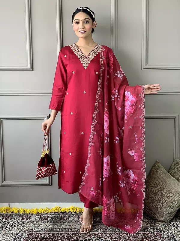 Embroidery And Sequins Work Viscose Chanderi V-Neck Kurta With Floral Dupatta