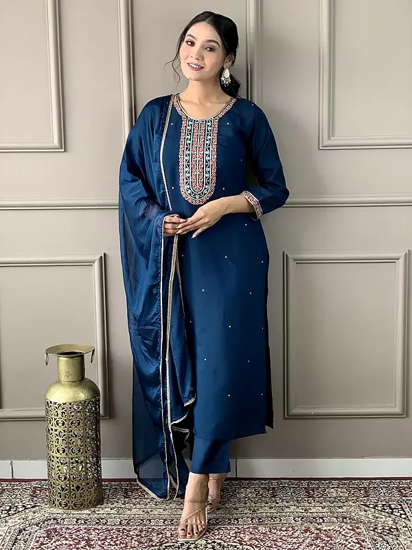 Viscose Chanderi Embroidery And Sequins Work Straight Kurta Set With Matching Dupatta