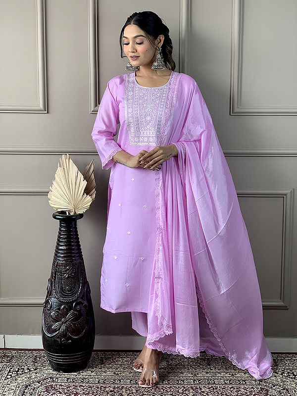 Attractive Embroidery Work Viscose Chanderi Stunning Kurta Set With Matching Dupatta