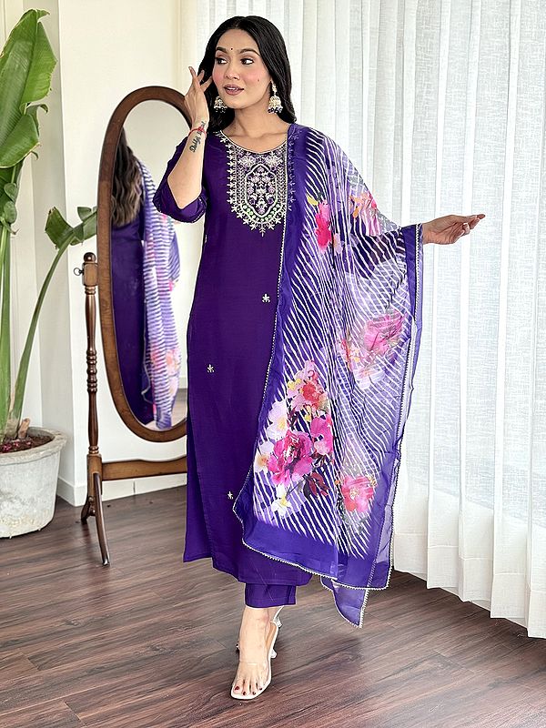Straight Attractive Viscose Chanderi Embroidery Work Kurta Set With Floral Print Dupatta