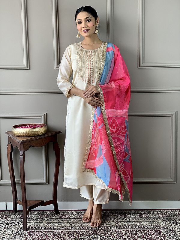 Sequins And Embroidery Work Viscose Chanderi Festive Wear Kurta Set With Dupatta