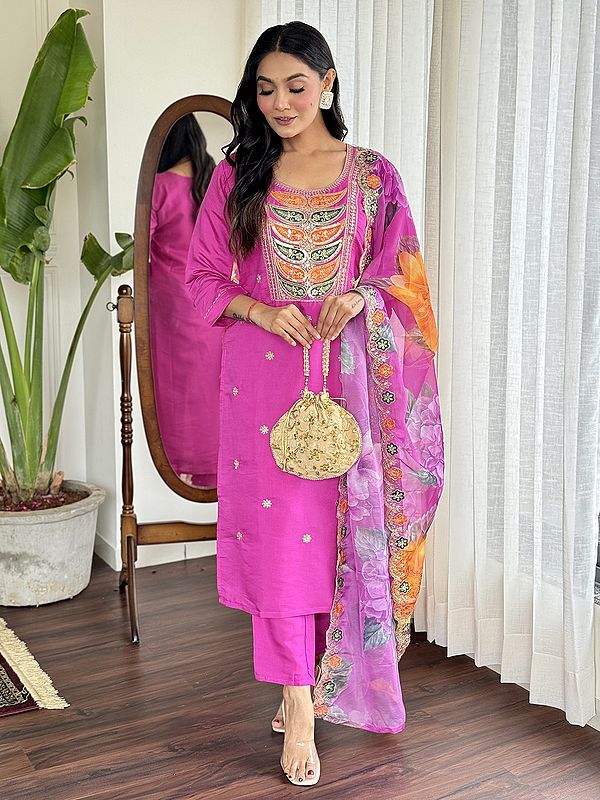 Elegant Sequins And Embroidery Work Viscose Chanderi Kurta With Floral Print Dupatta