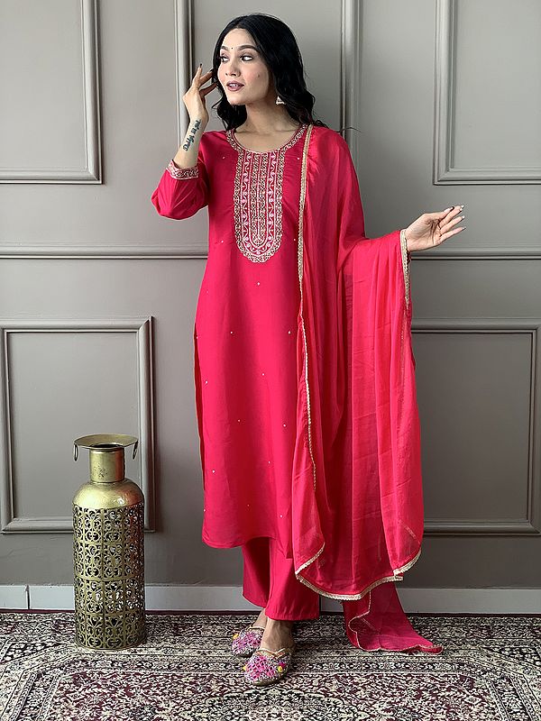 Viscose Chanderi Attractive Embroidery And Sequins Work Kurta Set With Matching Dupatta