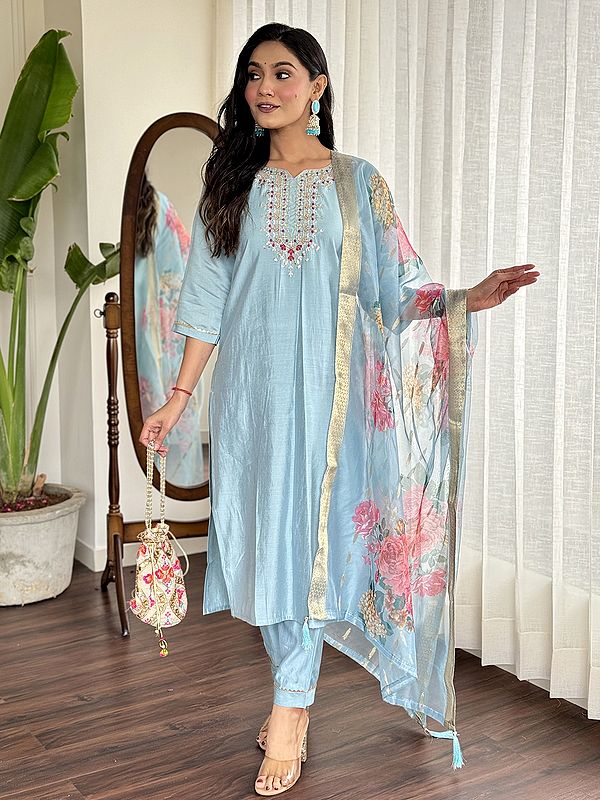 Stunning A-Line Embroidery Work Viscose Chanderi Festive Kurta Set With Dupatta