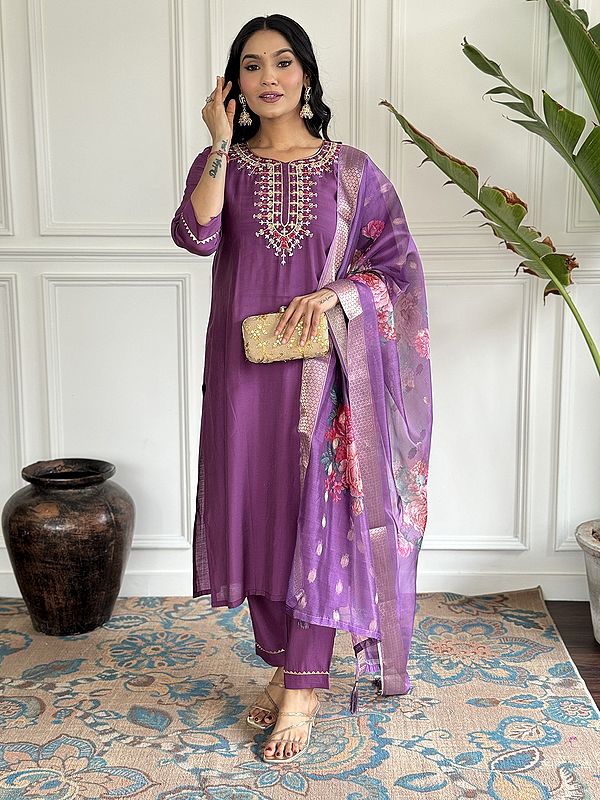 Embroidery Work On Neck Viscose Chanderi Attractive Straight Kurta Set With Floral Print