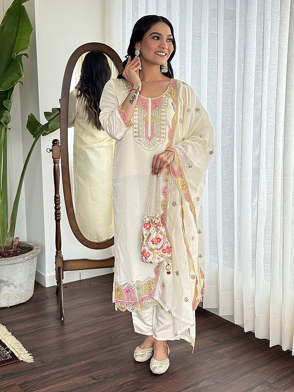 Elegant Off-White Embroidery And Sequins Work Viscose Chanderi Kurta Set With Matching Dupatta