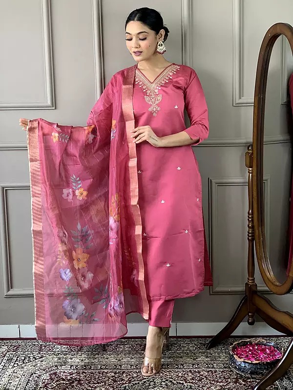 Sequins Work Straight Viscose Chanderi Party Wear Kurta Set With Floral Print Dupatta
