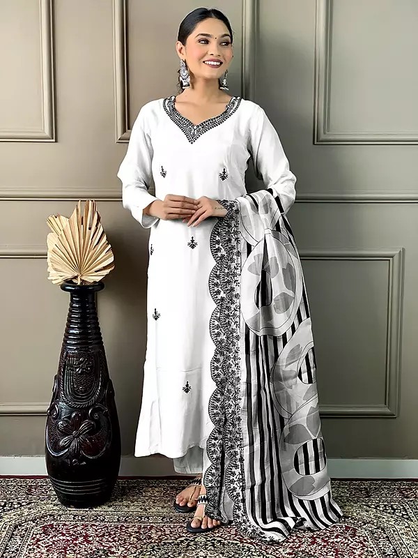 White Viscose Chanderi Embroidery Work Festive Wear Kurta Set With Dupatta