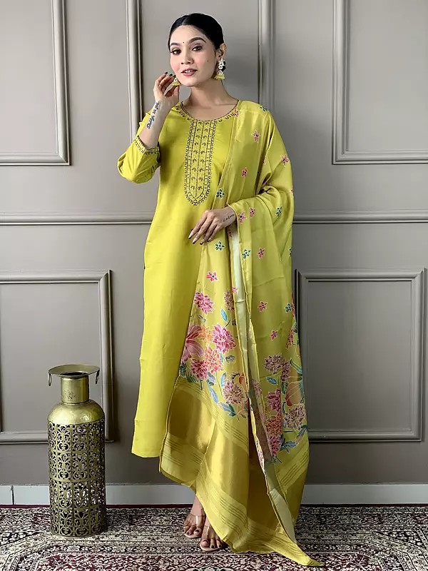 Festive Wear Viscose Chanderi Sequins Work Kurta Set With Floral Dupatta