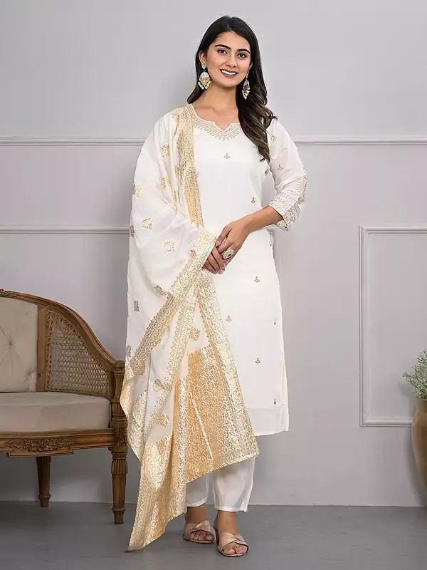 Elegant Zari Embroidery Viscose Silk Festive Wear Kurta Set With Matching Dupatta
