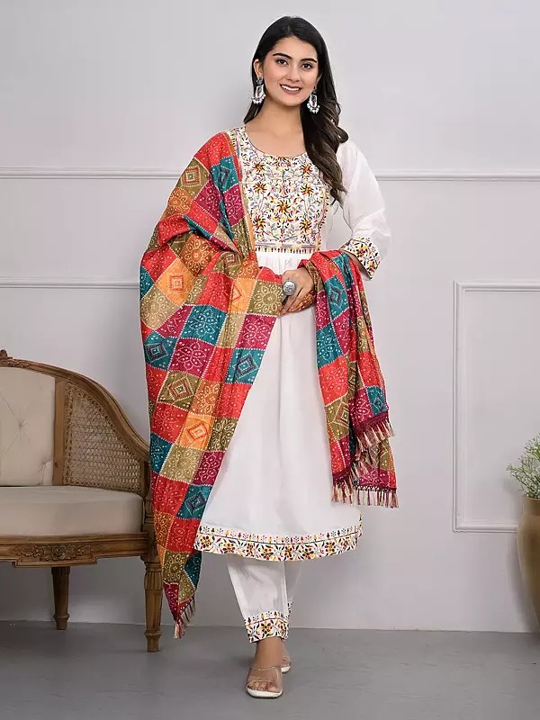 Floral Thread And Embroidery Work Viscose Silk A-Line Kurta Set With Bandhani Print Dupatta